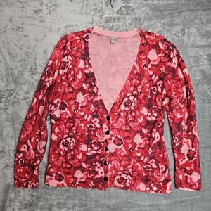 J. Jill Cardigan L Red floral Long Slv Vneck Button Up Cotton Blend